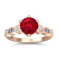 Lab Ruby Ring In 14K Rose Gold With Lab Diamond And Swiss Blue Topaz Daiva Round Antique Ring