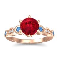 Lab Ruby Engagement Ring In 14K Rose Gold With Swiss Blue Topaz And Diamond - Daiva Round Antique Ring