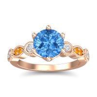 Swiss Blue Topaz Ring In 18K Rose Gold With Lab Diamond And Citrine Daiva Round Antique Ring