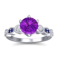 Amethyst Ring In Palladium With Diamond And Blue Sapphire Daiva Round Antique Ring