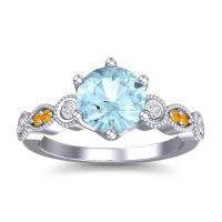 Aquamarine Ring In 18k White Gold With Diamond And Citrine Daiva Round Antique Ring