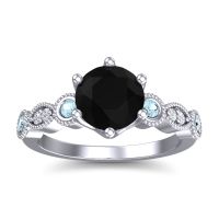 Black Onyx Engagement Ring In Palladium With Aquamarine And Diamond - Daiva Round Antique Ring