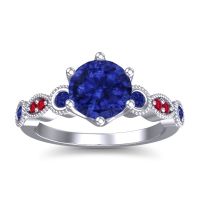 Lab Blue Sapphire Ring In Palladium With Blue Sapphire And Ruby Daiva Round Antique Ring