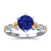 Lab Blue Sapphire Ring In 18k White Gold With Citrine And Lab Diamond Daiva Round Antique Ring