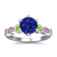 Lab Blue Sapphire Ring In 14k White Gold With Peridot And Pink Tourmaline Daiva Round Antique Ring
