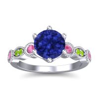 Lab Blue Sapphire Ring In Palladium With Pink Tourmaline And Peridot Daiva Round Antique Ring