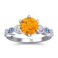 Citrine Ring In Palladium With Diamond And Swiss Blue Topaz Daiva Round Antique Ring
