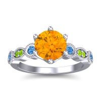Citrine Ring In Palladium With Swiss Blue Topaz And Peridot Daiva Round Antique Ring