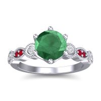 Lab Emerald Ring In 14k White Gold With Diamond And Ruby Daiva Round Antique Ring