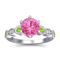 Pink Tourmaline Engagement Ring In 14k White Gold With Peridot And Diamond - Daiva Round Antique Ring