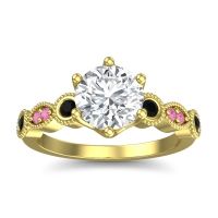 Lab Diamond Ring In 14k Yellow Gold With Black Onyx And Pink Tourmaline Daiva Round Antique Ring