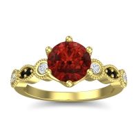 Garnet Ring In 18k Yellow Gold With Diamond And Black Onyx Daiva Round Antique Ring