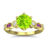 Peridot Ring In 18k Yellow Gold With Diamond And Amethyst Daiva Round Antique Ring