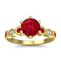 Ruby Engagement Ring In 18k Yellow Gold With Diamond - Daiva Round Antique Ring