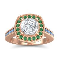 Diamond Ring In 14K Rose Gold With Emerald And Swiss Blue Topaz Carma Cushion Antique Ring