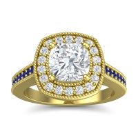 Diamond Ring In 18k Yellow Gold With Lab Diamond And Blue Sapphire Carma Cushion Antique Ring