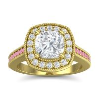 Diamond Ring In 18k Yellow Gold With Lab Diamond And Pink Tourmaline Carma Cushion Antique Ring