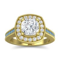 Diamond Ring In 14k Yellow Gold With Lab Diamond And Swiss Blue Topaz Carma Cushion Antique Ring