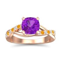 Amethyst Ring In 14K Rose Gold With Diamond And Citrine Rasala Cushion Modern Ring