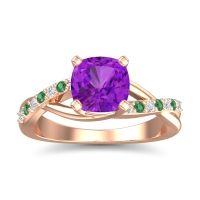 Amethyst Ring In 18K Rose Gold With Lab Diamond And Emerald Rasala Cushion Modern Ring