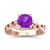 Amethyst Engagement Ring In 14K Rose Gold With Ruby And Diamond - Rasala Cushion Modern Ring