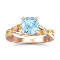 Aquamarine Ring In 14K Rose Gold With Diamond And Citrine Rasala Cushion Modern Ring