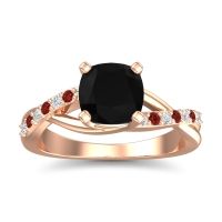 Black Onyx Ring In 18K Rose Gold With Diamond And Garnet Rasala Cushion Modern Ring