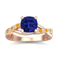 Lab Blue Sapphire Ring In 14K Rose Gold With Diamond And Citrine Rasala Cushion Modern Ring