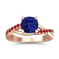 Lab Blue Sapphire Ring In 14K Rose Gold With Garnet And Ruby Rasala Cushion Modern Ring