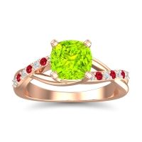 Peridot Ring In 18K Rose Gold With Diamond And Ruby Rasala Cushion Modern Ring