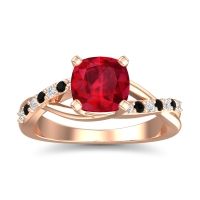 Lab Ruby Ring In 18K Rose Gold With Diamond And Black Onyx Rasala Cushion Modern Ring