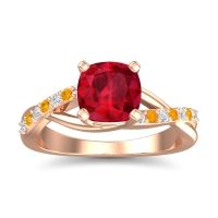 Lab Ruby Ring In 18K Rose Gold With Diamond And Citrine Rasala Cushion Modern Ring