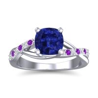 Lab Blue Sapphire Ring In Palladium With Lab Diamond And Amethyst Rasala Cushion Modern Ring