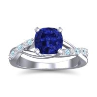 Lab Blue Sapphire Ring In Palladium With Diamond And Aquamarine Rasala Cushion Modern Ring
