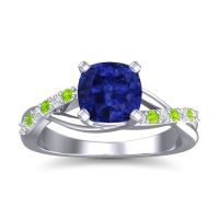 Lab Blue Sapphire Ring In 18k White Gold With Diamond And Peridot Rasala Cushion Modern Ring