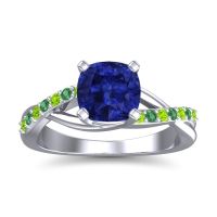 Lab Blue Sapphire Ring In Palladium With Peridot And Emerald Rasala Cushion Modern Ring