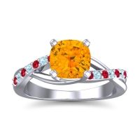 Citrine Ring In Palladium With Ruby And Aquamarine Rasala Cushion Modern Ring