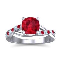 Lab Ruby Ring In Palladium With Aquamarine And Ruby Rasala Cushion Modern Ring