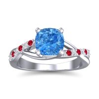Swiss Blue Topaz Ring In Palladium With Diamond And Ruby Rasala Cushion Modern Ring