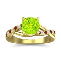 Peridot Engagement Ring In 18k Yellow Gold With Garnet And Diamond - Rasala Cushion Modern Ring