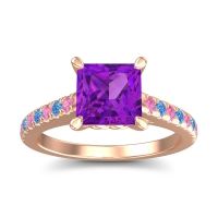 Amethyst Ring In 18K Rose Gold With Pink Tourmaline And Swiss Blue Topaz Vara Princess Classic Ring