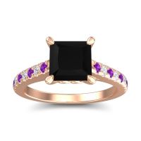 Black Onyx Ring In 18K Rose Gold With Amethyst And Lab Diamond Vara Princess Classic Ring