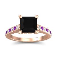 Black Onyx Ring In 18K Rose Gold With Lab Diamond And Amethyst Vara Princess Classic Ring