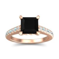 Black Onyx Ring In 18K Rose Gold With Lab Diamond And Aquamarine Vara Princess Classic Ring