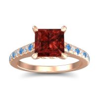 Garnet Ring In 18K Rose Gold With Swiss Blue Topaz And Lab Diamond Vara Princess Classic Ring