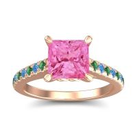 Pink Tourmaline Ring In 18K Rose Gold With Emerald And Swiss Blue Topaz Vara Princess Classic Ring