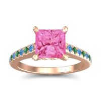 Pink Tourmaline Ring In 18K Rose Gold With Swiss Blue Topaz And Emerald Vara Princess Classic Ring