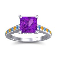 Amethyst Ring In 18k White Gold With Swiss Blue Topaz And Citrine Vara Princess Classic Ring