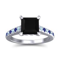 Black Onyx Ring In Platinum With Aquamarine And Blue Sapphire Vara Princess Classic Ring