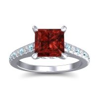 Garnet Engagement Ring In 18k White Gold With Aquamarine And Diamond - Vara Princess Classic Ring